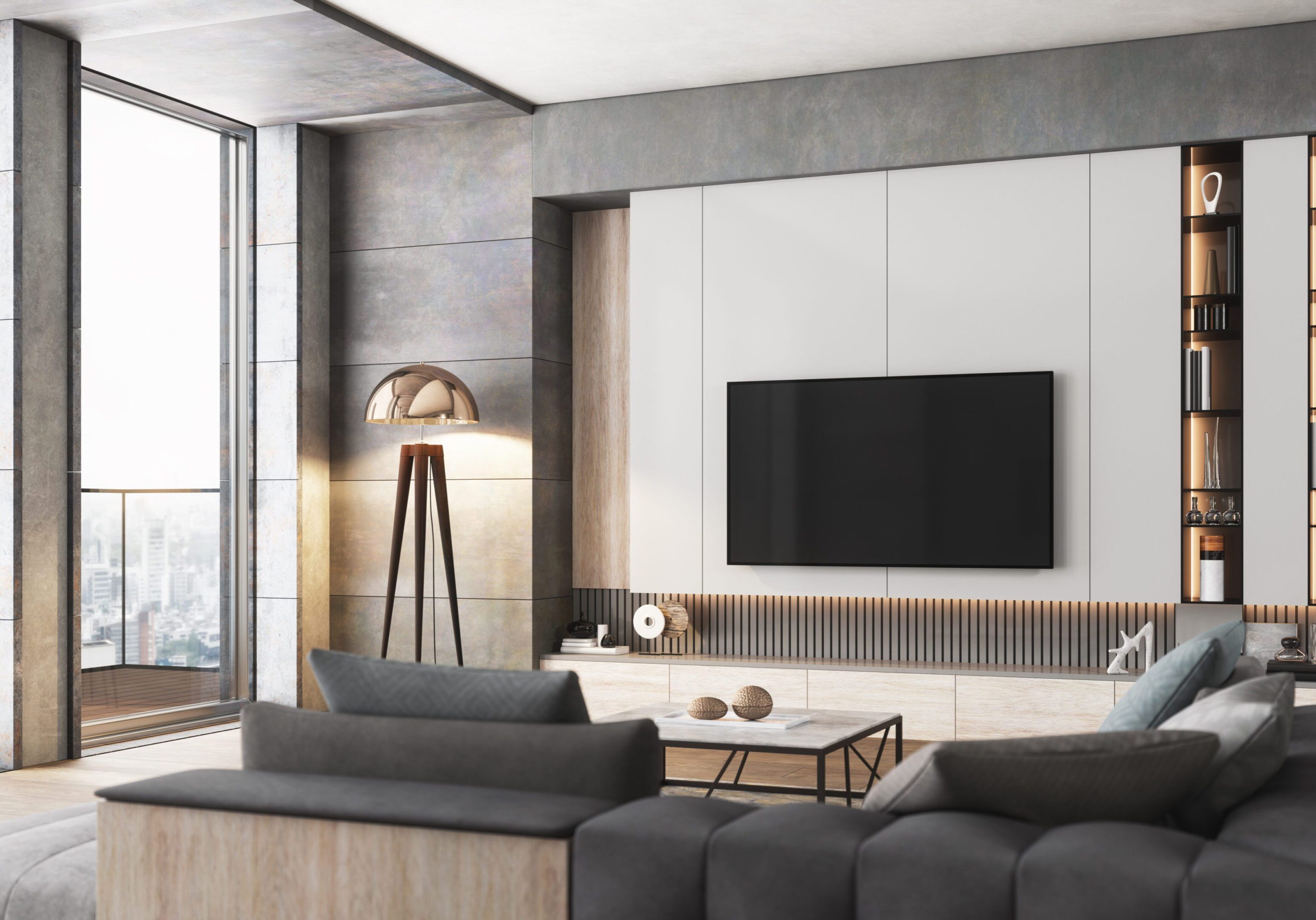 Modern living room with wall-mounted TV
