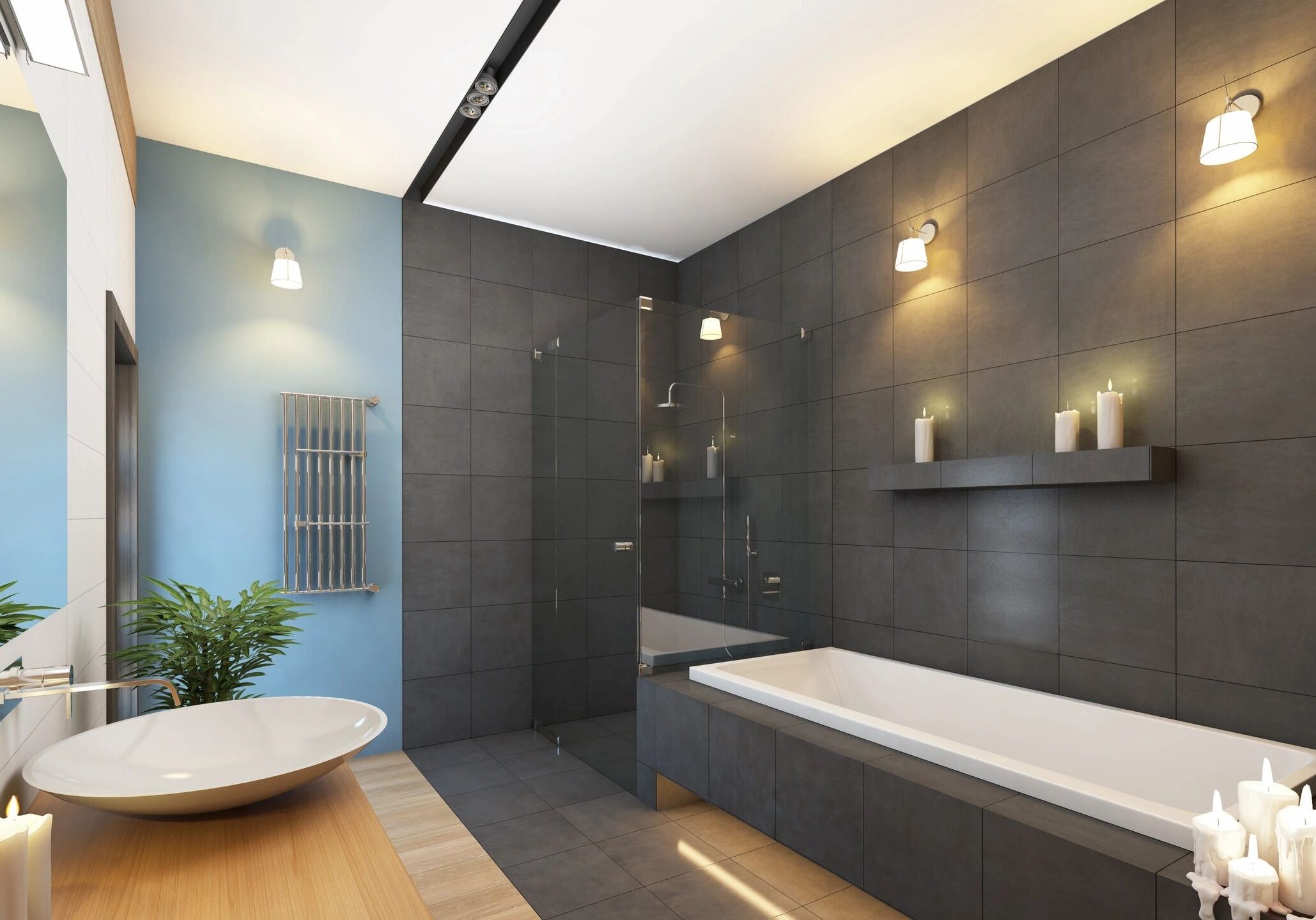 Modern bathroom with bathtub and vessel sink